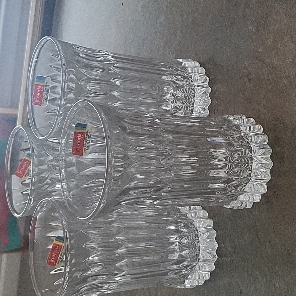 Set of 4 Fostoria Monarch Pattern Glasses. Origional sticker still attached.